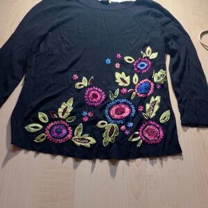 Sweaterworks Black Top with Colorful Floral Embroidery